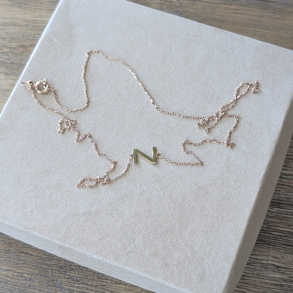 Solid 14K Rose Gold Asymmetric Z Initial Necklace 18 Inch Chain